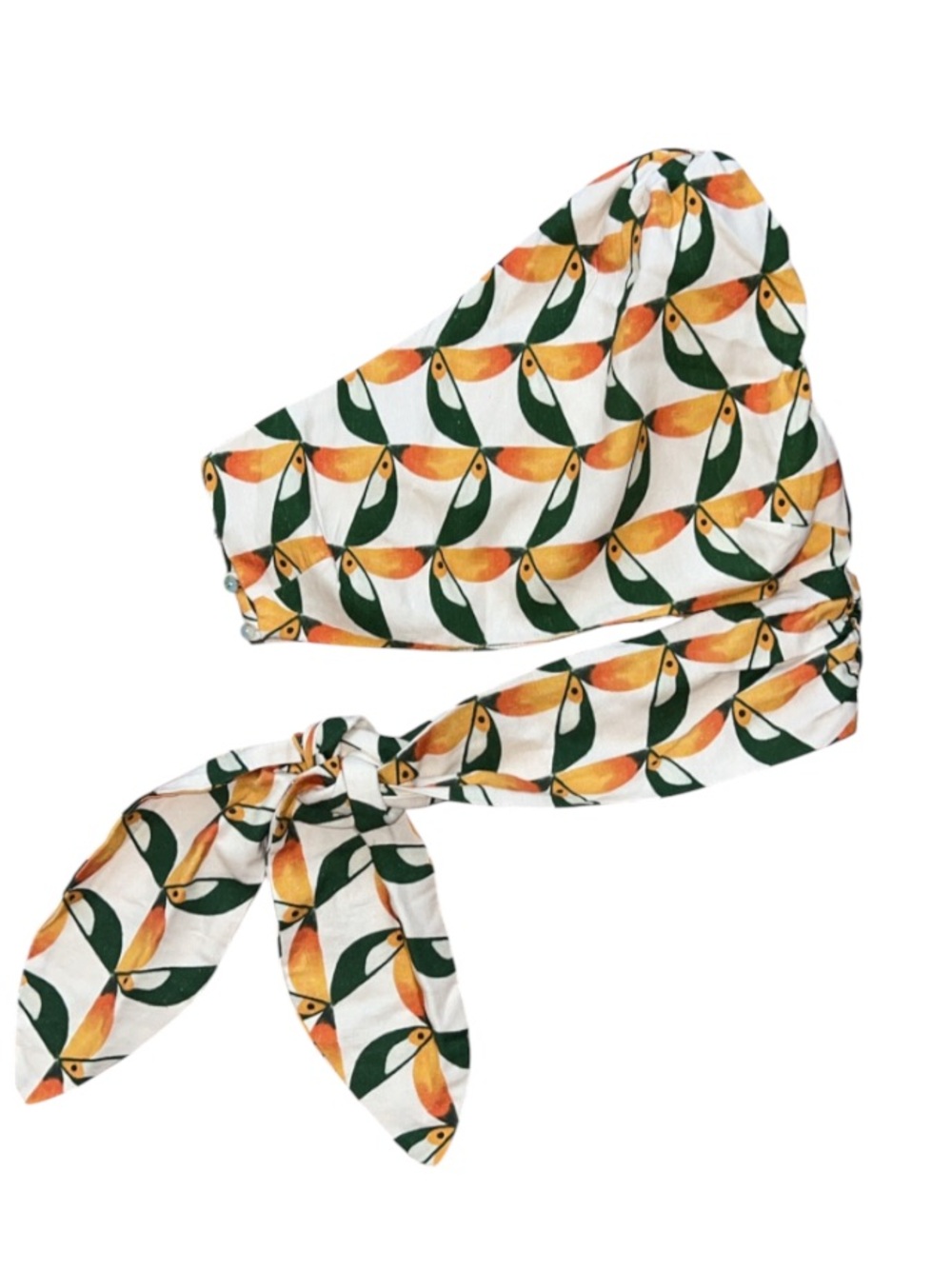 Farm Rio Toucan Bird One Shoulder Top Tie Up detail in Orange and Green in small
